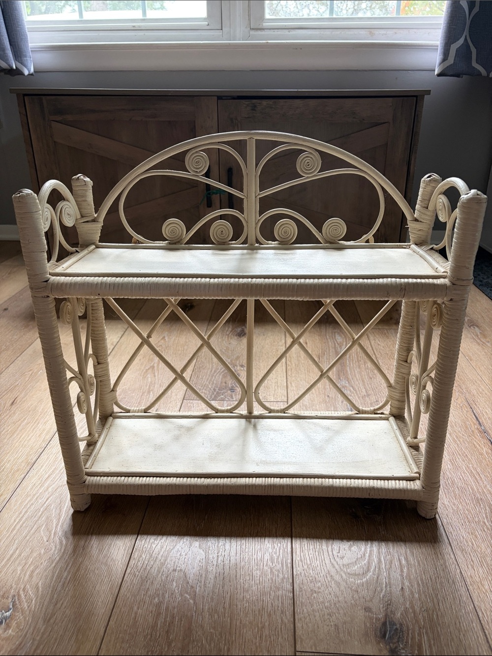 Vintage White Wicker Rattan 2 Tier Wall Shelf Hanging Display Cottage Farmhouse